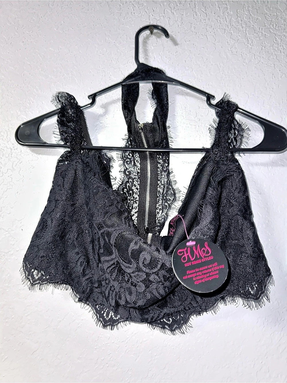 Hot Miami Styles Black Lace High Neck Crop Top Zip Back NWT-Large